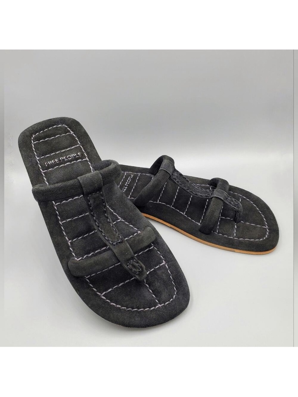 Free People Hadden Black Suede Quilted Toe-Loop Slides
